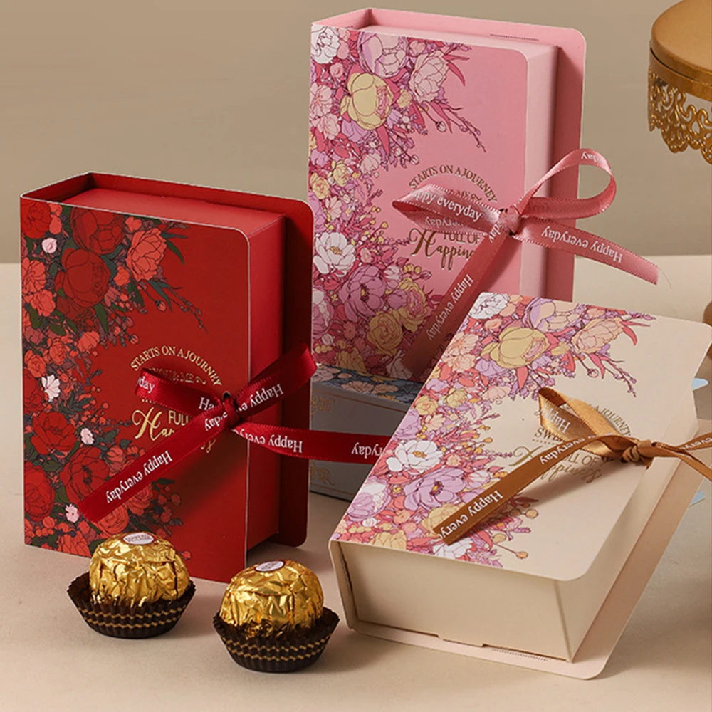 Creative Book Shape Gift Box Candy Chocolate Dragee Present Wrapping Packaging Birthday Wedding Flower Box With Ribbon