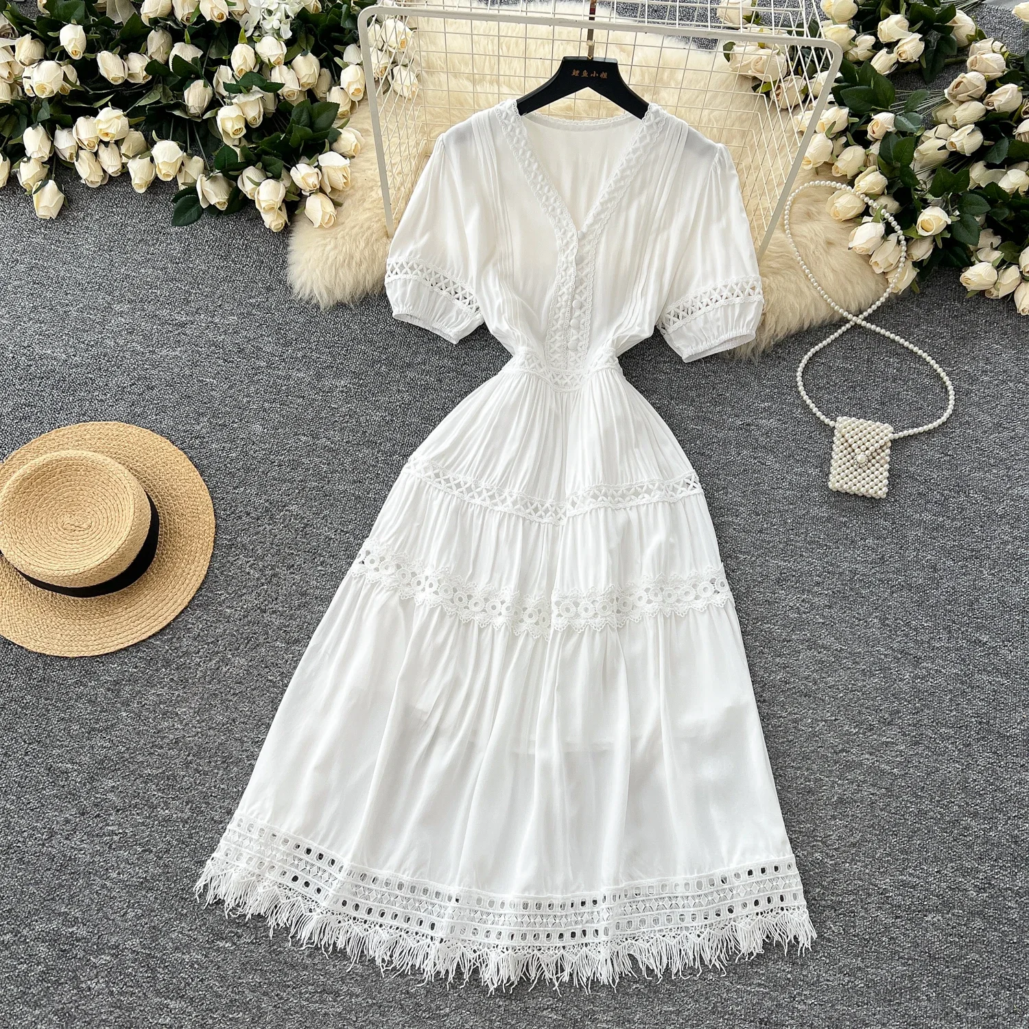 Elegant Short Puff Sleeves Fashion V-Neck Sweet Lace Spliced Tassel Slim Fairycore Dresses French Vacation High Street Clothing