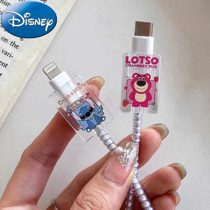 Disney Anime Stitch Cell Phone Data Cable Protective Sleeve Mickey Minnie Lotso Charging Head Cartoon Kawaii Toys Gifts