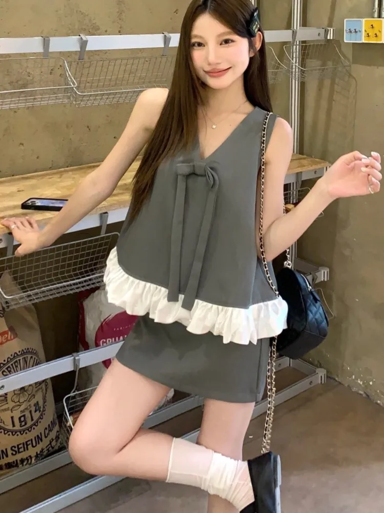 

2025 Summer New Women's Korean Elegant Skirt Suit Bow Patchwork V-Neck Loose Top+Mini Short A-Line Skirts Fashion Causal Outfits