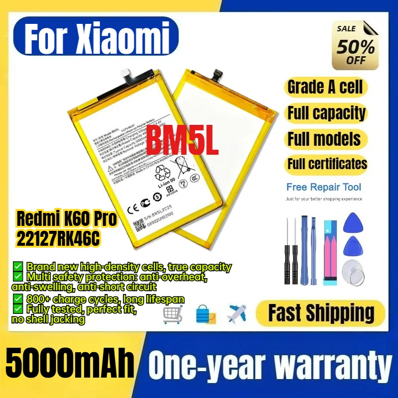BM5L for Xiaomi Redmi K60 Pro/22127RK46C Phone Battery 0 Cycle High Capacity Battery Replacement Bateria Grade A Cell with Tools