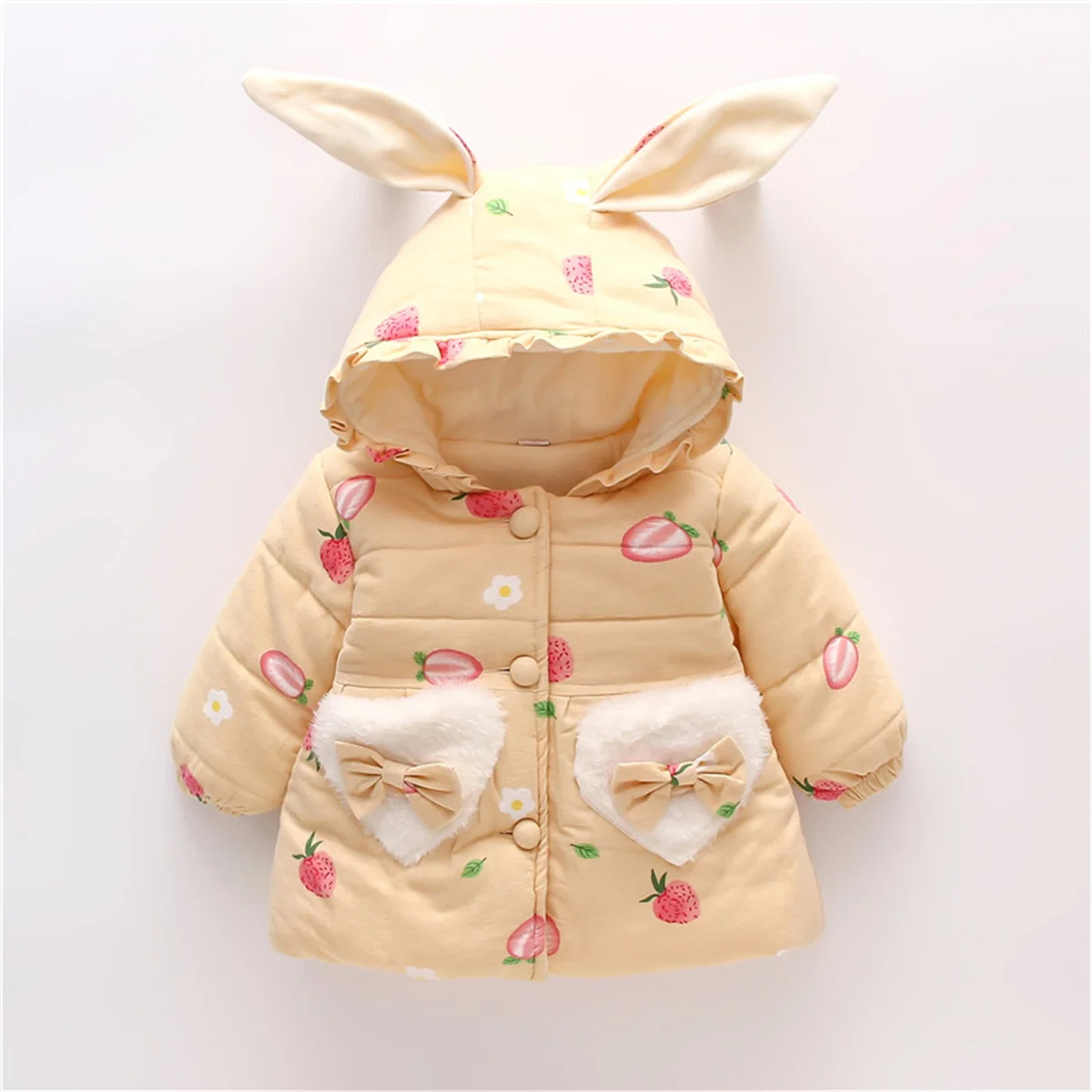 Winter Girls\' Cotton Coat Strawberry Bow Heart Pocket Rabbit Ear Button Hooded Cotton Thickened Sweet Coat