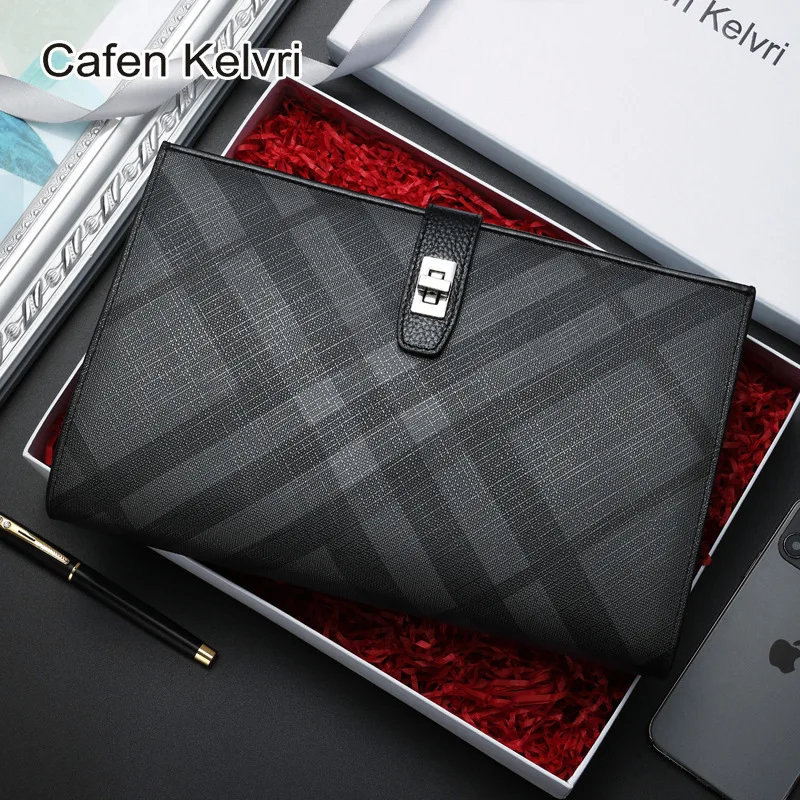 

Plaid Handbag Business Envelope Multi-card Slot Men's Geometric Pattern Clutch Messenger Luxury Leather Briefcases Men Laptop