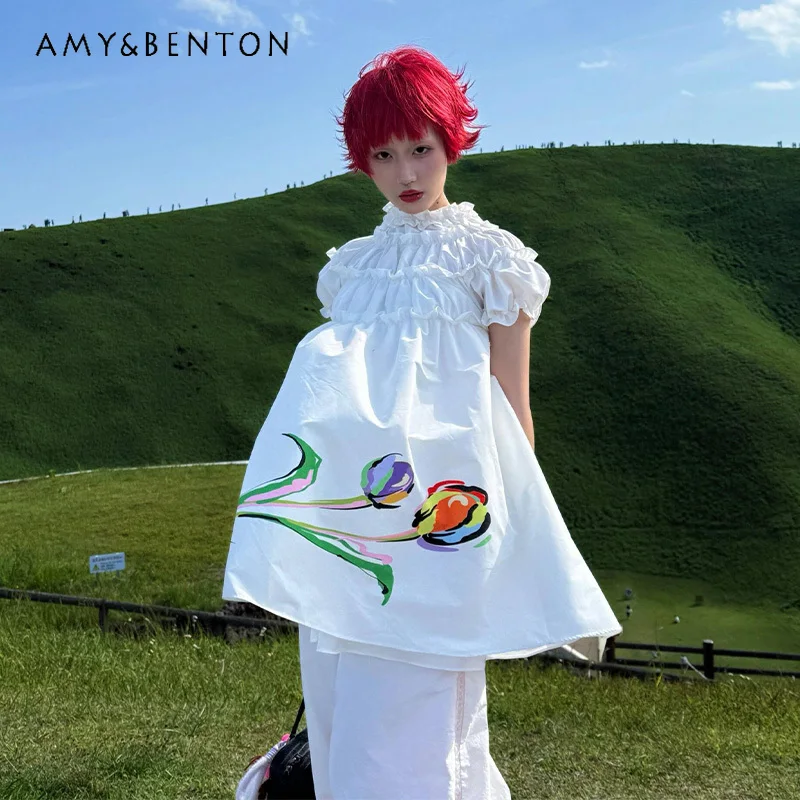 

French Plant Print White Temperament Short Dress for Women 2025 Summer New Pleated Lace Bubble Sleeve Doll A-line Dresses Ladies
