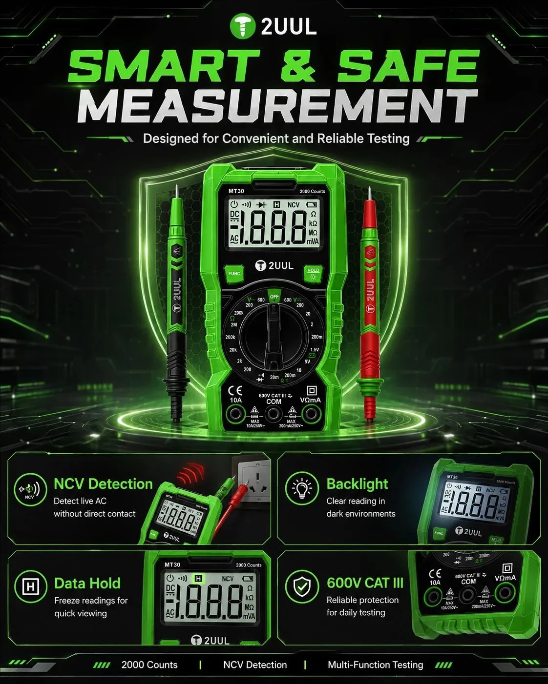 2UUL MT30 Auto-Reset Smart Digital Multimeter Voltage Current Resistance Tester for Phone PCB Repair Tool