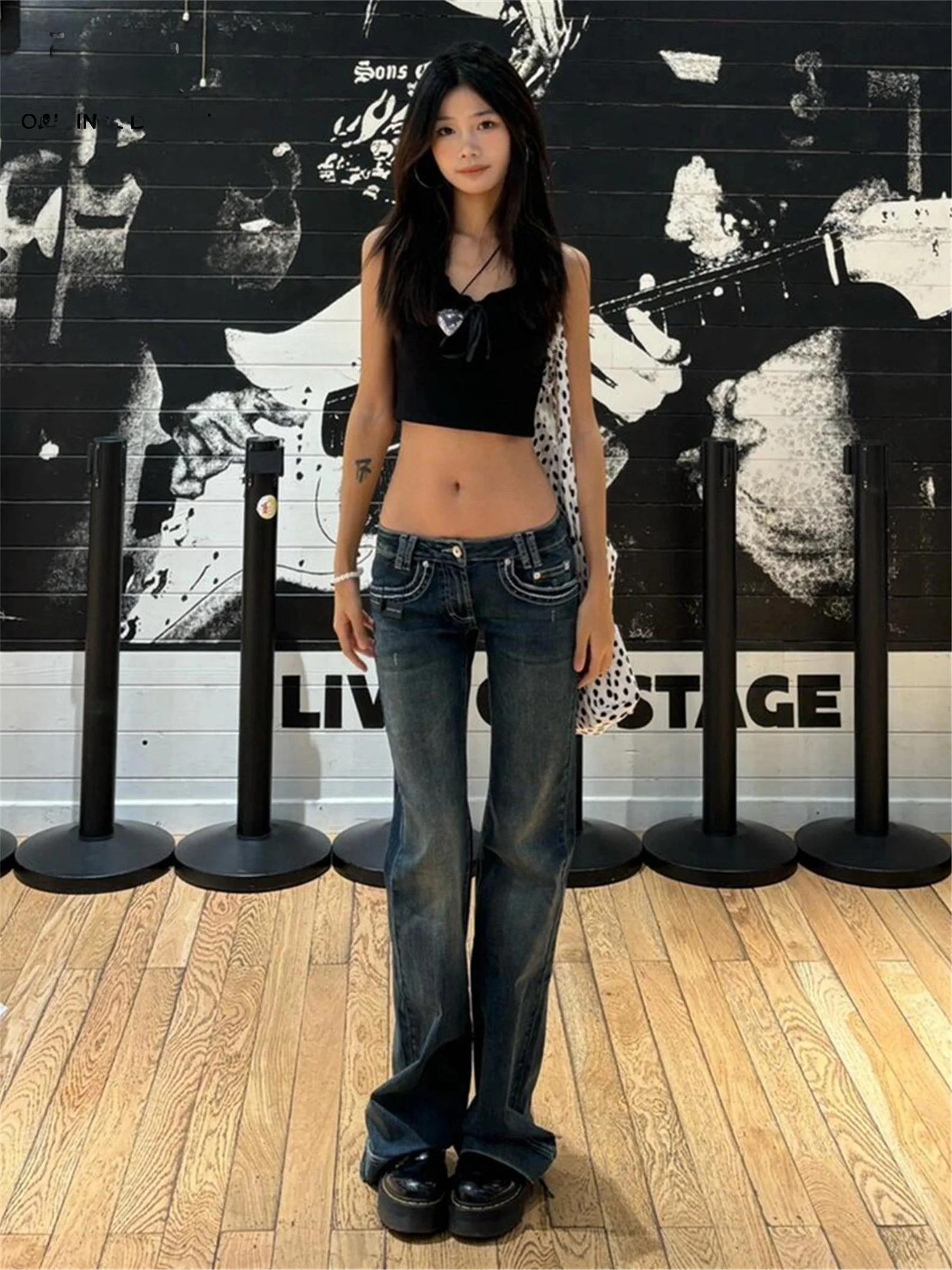 

Темно-синие женские джинсы-клеш в американском стиле с низкой талией, летние новые модные джинсы-шорты из эластичного денима, весенние повседневные свободные джинсы