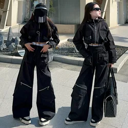 spring child labor outfit set design short jacket+cargo pants 2pcs casual teen girl sport clothes suit youth kid tracksuits 4-14