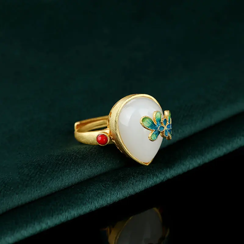 Ancient Clothing Hanfu Jewelry Temperament Imitation Hetian Yu Nanhong Ring Women's Epoxy Flower Niche High-end Light Luxury