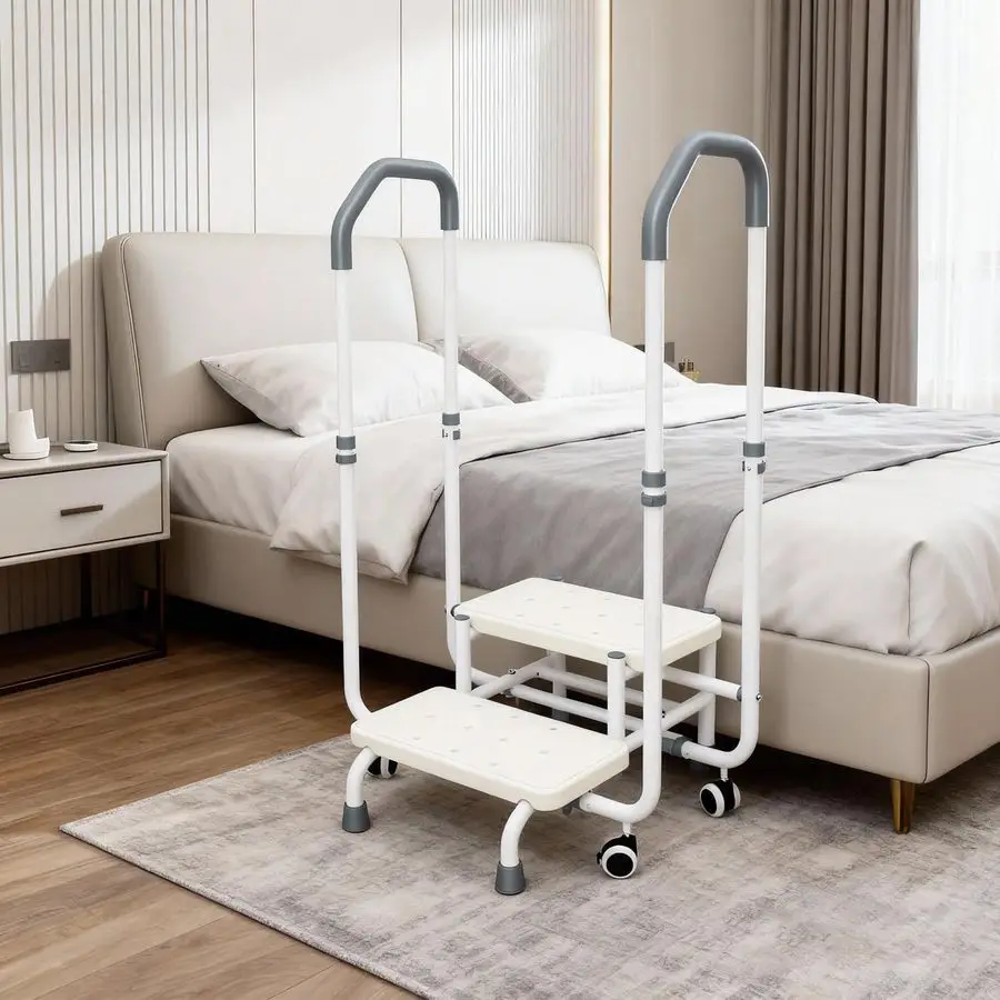 

Stool with DoubleSide Handrails amp 4 Casters for Elderly, Bed Steps for High Beds for Adults, Non Slip Platform and Adjustable
