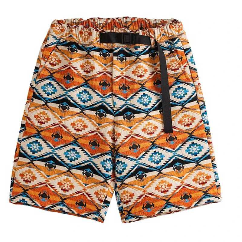 

2026 Spring Summer Men Heavy Textured Woven Fabric Ethnic Style five Quarter Pants Shorts Adjustable Waist Cargo Shorts