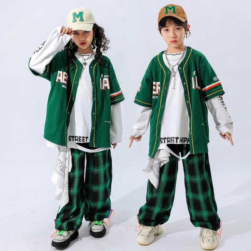

Teenager Kpop Hip Hop Clothes Baseball Short Sleeve Shirt Tops Plaid Pants Streetwear for Girl Boy Jazz Dance Costume Stage Wear