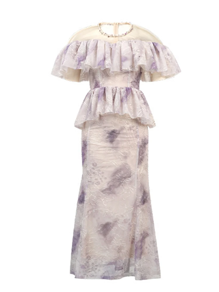 Celebrity Elegant Party Dress Women Sheer Mesh Splice Pearl Neckline Ruffle Peplum Fishtail Robe Formal Dinners Wedding Vestidos