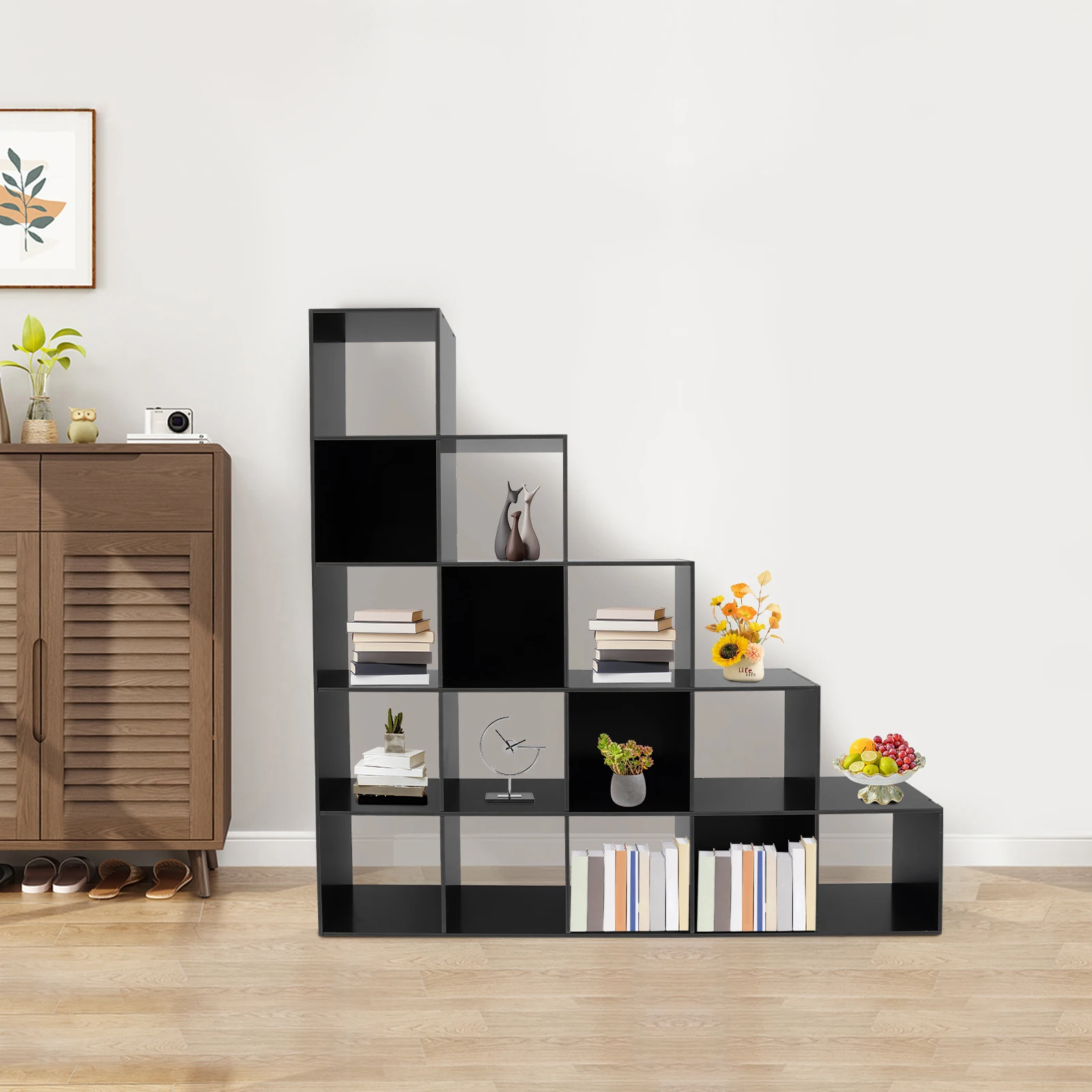 رف زاوية أسود على شكل حرف L من مادة PVC يتضمن تخزين 15 * مقصورات واسعة مع ألواح خلفية، سعة 154.32 رطلًا 146*28*146 سم