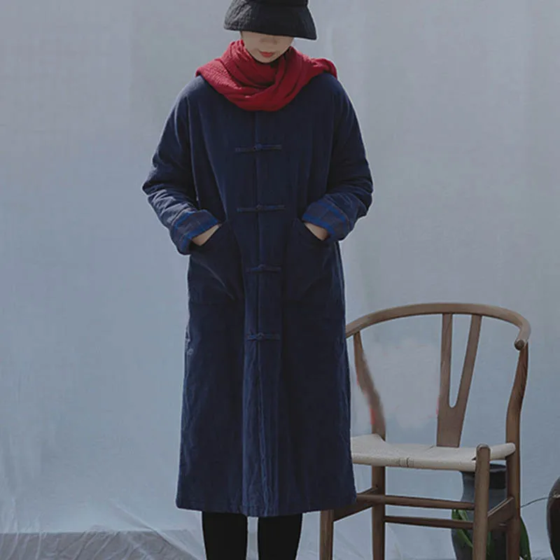 Китайская зимняя вельветовая удобная теплая куртка с хлопковой подкладкой, женское хлопковое пальто в стиле ретро с зажимом на пуговицах, свободная длинная верхняя одежда, пальто