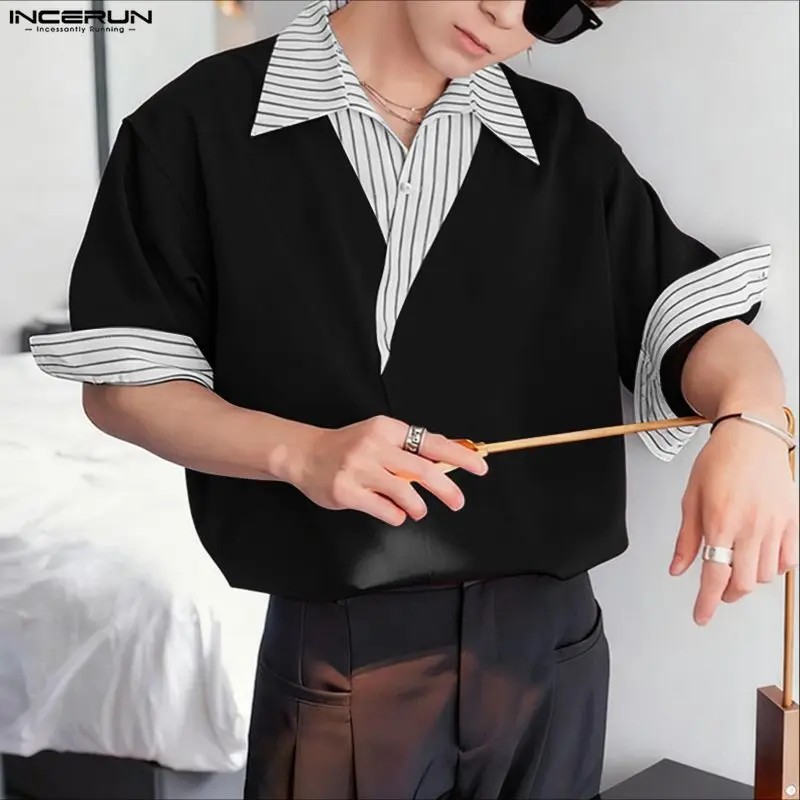 

INCERUN Men Shirt Striped Patchwork Lapel Short Sleeve Casual Men Clothing Summer Streetwear Loose Fashion Korean Style Tops Men