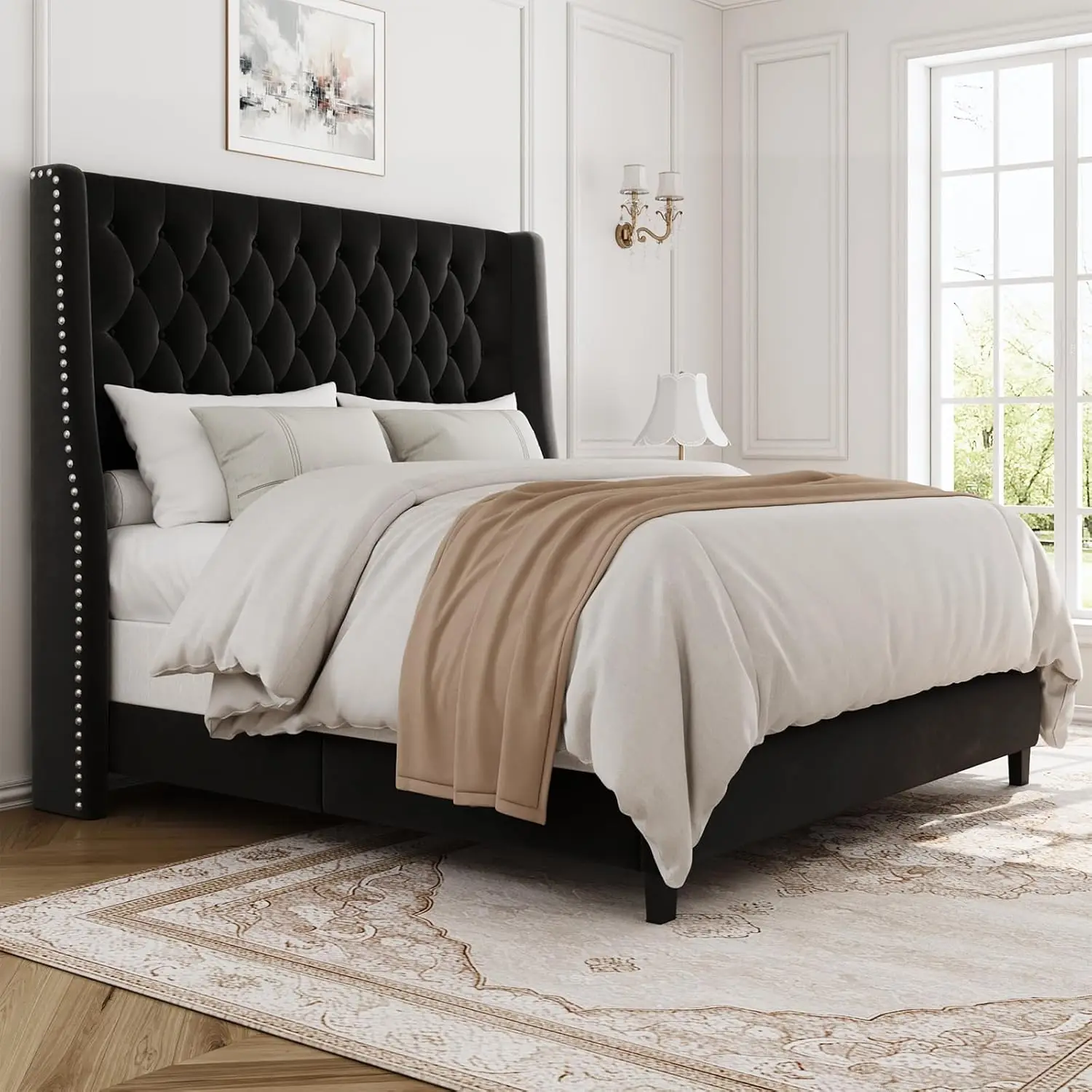Queen Upholstered Bed Frame, 55.4'' Tall Headboard With Wingback, Customized