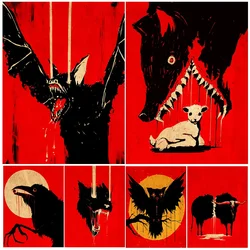 De Wolf Verslindt Lam En De Bloedige Kraai Van De Volle Maan Vintage Muurkunst Horrordieren Minimalisme Kunstaffiche En Print Decor