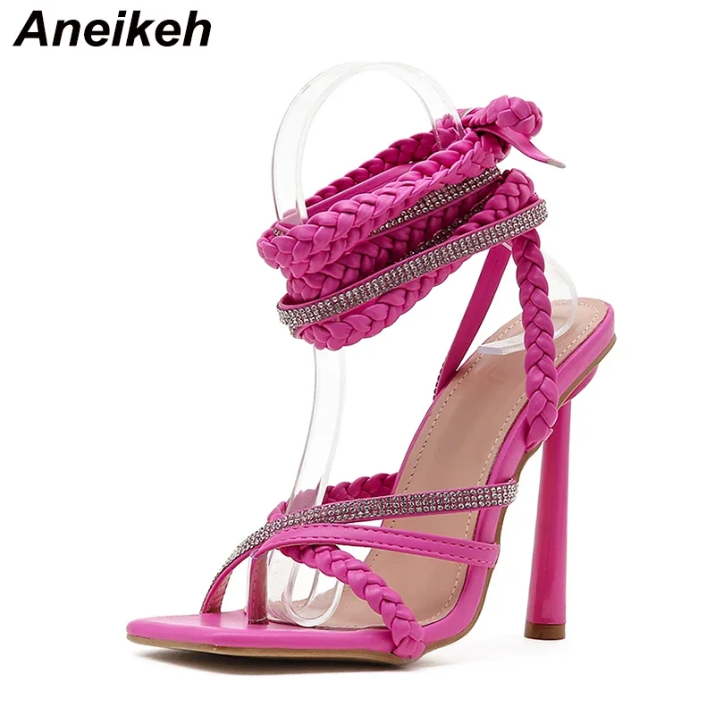 Aneikeh 2025 Summer Pinch toe woven fabric PU Women Sandals Thin High Heels Fashion Cross-Tied Square Head Party wedding Shoes