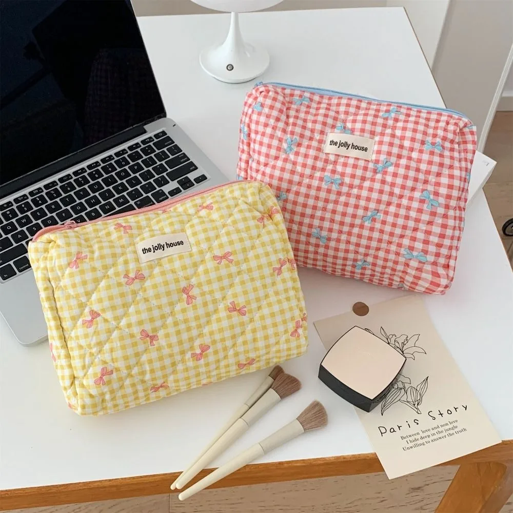 Large Capacity Lattice Cosmetic Bag Korean Style with Zipper Cute Storage Bag Bow Pattern Colorful Portable Makeup Bag Women