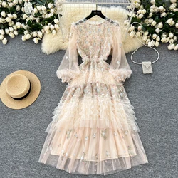 Vintage Long Sleeve Elegant O-neck Chic Embroidered Floral Mesh Slim Pleated Dresses French Evening High Street Autumn Clothing