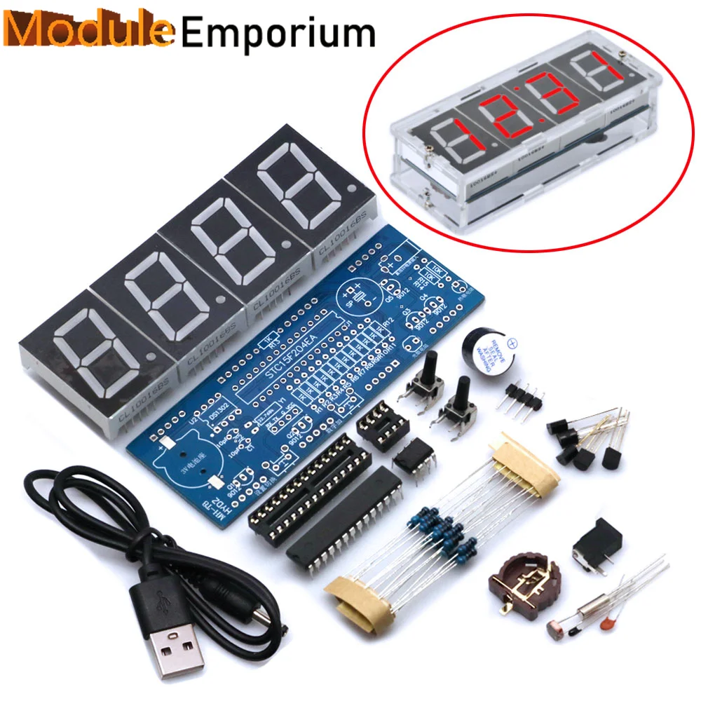 

4 Bits DIY Digital Clock 1 INCH Electronic Kit Suite Microcontroller RED Tube LED Display Time Thermometer Alarm MCU STC15F204EA