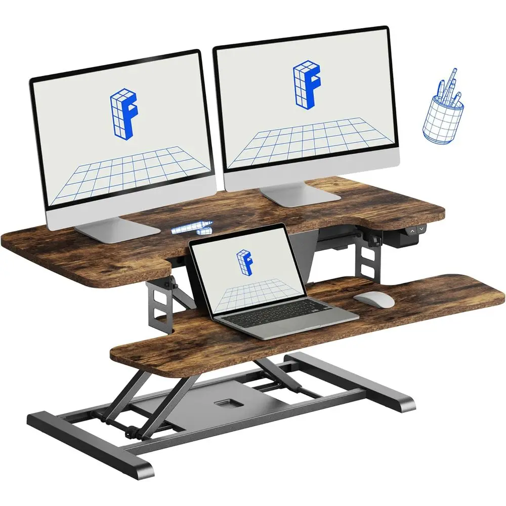 

35 Motorized Standing Desk Converter, Adjustable Height Desk Riser for Computer & Laptop, Rustic Style