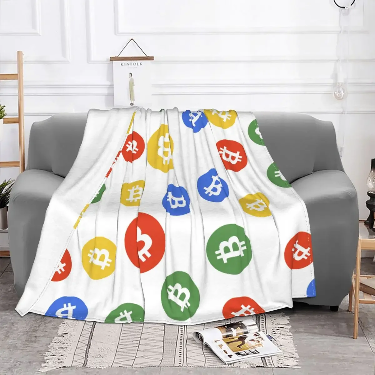 Bitcoin Colorful Money Blanket Flannel Spring/Autumn Cryptocurrency Portable Lightweight Throw Blanket for Bedding Travel Quilt