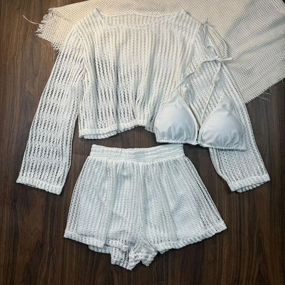 Loose Long Sleeve Swimsuit Hollow Out Beachwear Crochet Knit Bathing Suit Beachwear Clothings Sun Protection