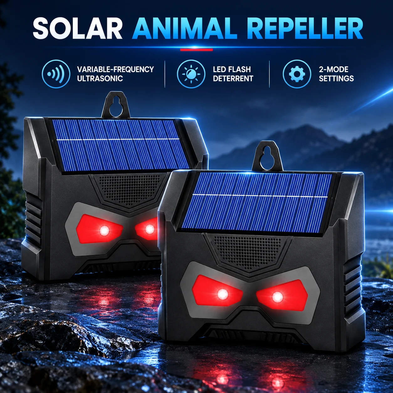2PCS Solar Powered Animal Repellers Red & White LED Flashing Lights for Dogs Weasels Mice Birds Outdoor Garden Yard Pest Control