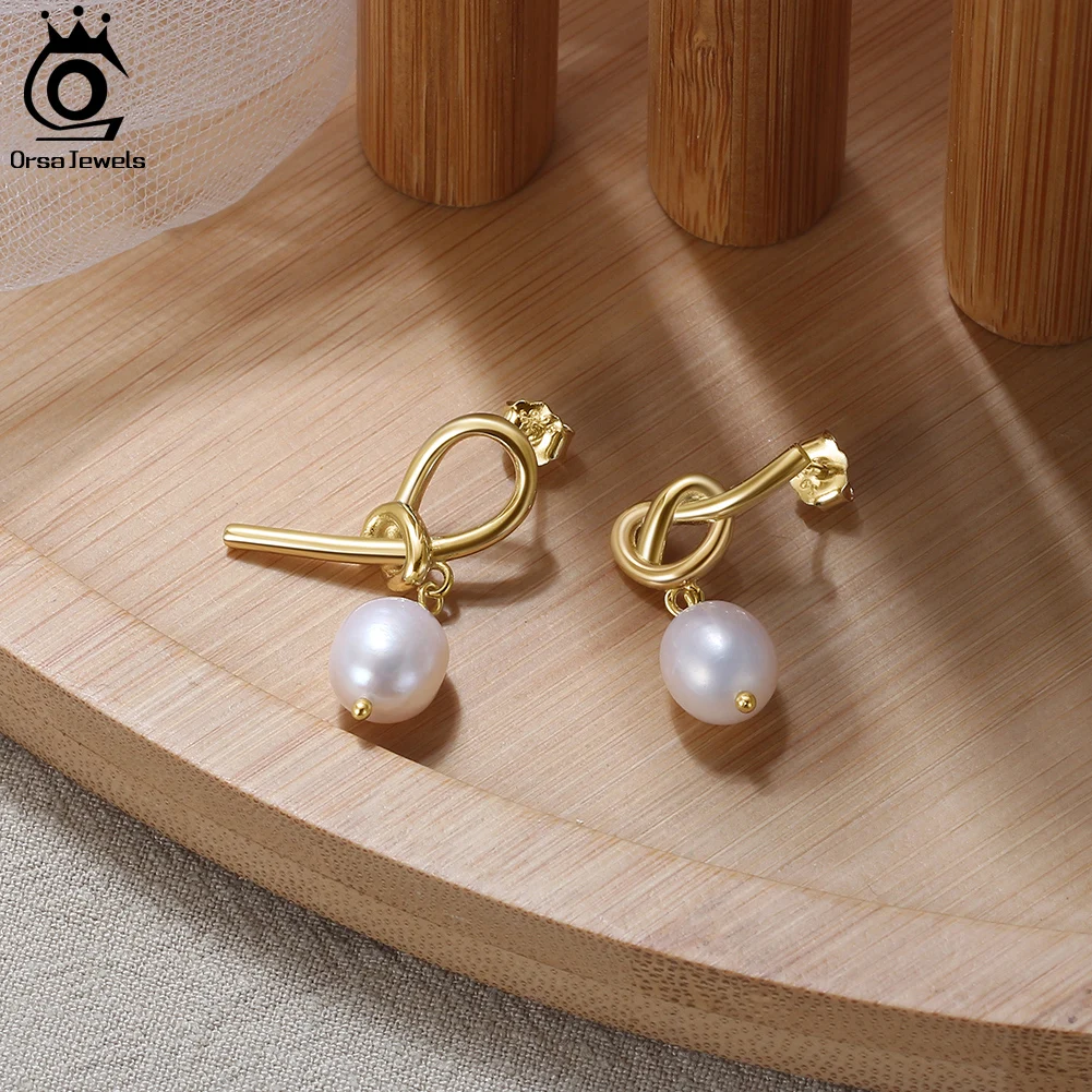 ORSA JEWELS Unique 925 Sterling Silver Pearl Earrings for Women 14K Gold 10mm Baroque Pearl Drop Earrings Vintage Jewelry GPE45
