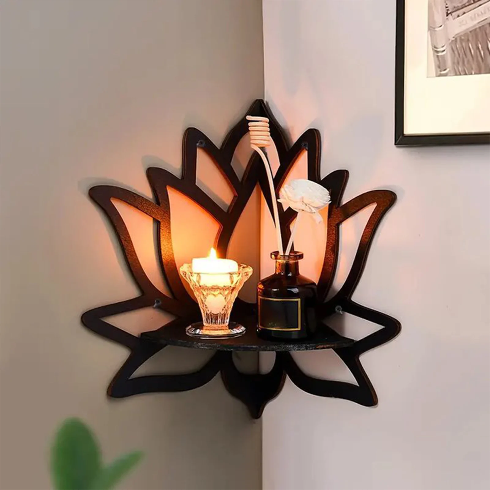 Lotus Crystal Corner Shelf Black Wooden Corner Wall Hanging Crystal Shelf Display Oil Shelf Witchy Decor Home Decorations