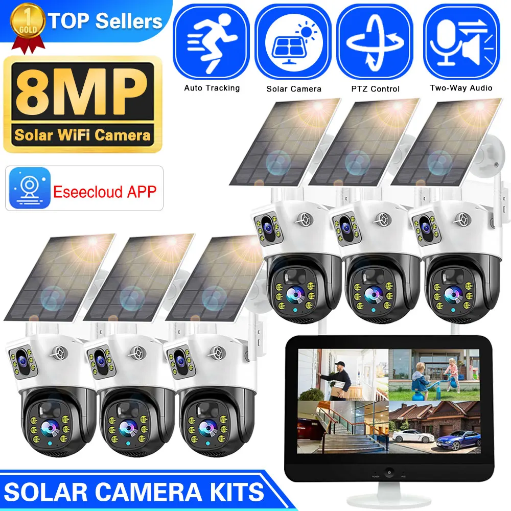 

100% Wire-Free Solar PTZ Dual Lens 12.5" LCD Monitor 10CH WiFi NVR Home Security IP Cam System Wireless 4K 8MP CCTV Surveillance