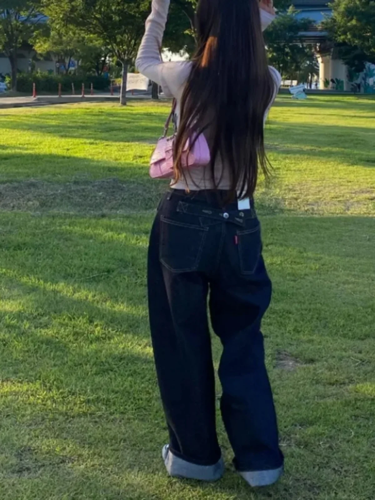 Retro Waed Pierna recta suelta Pierna ancha Pantalones vaqueros casuales hasta el suelo Pantalones vaqueros con botones Ba para mujer Pantalones largos casuales versátiles...
