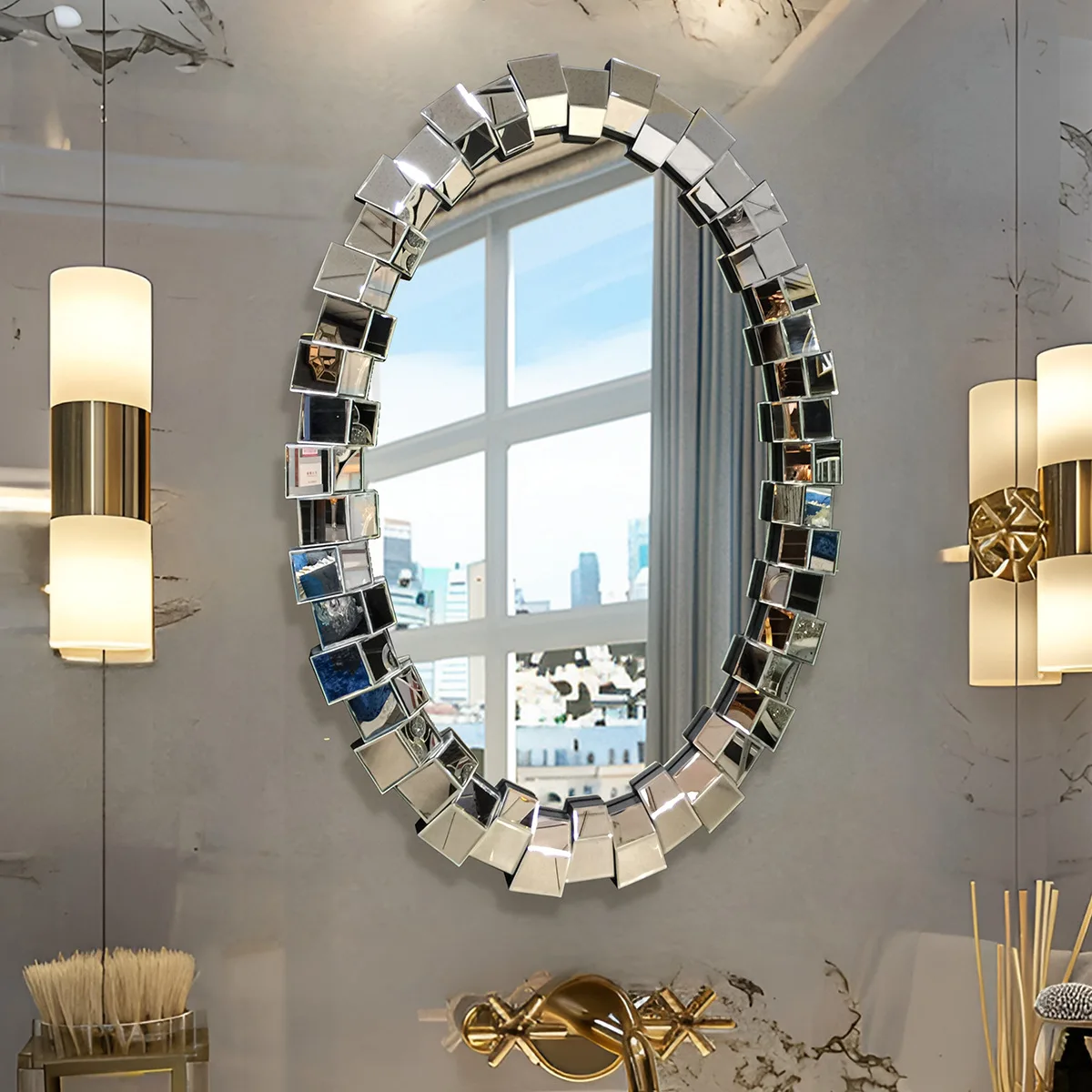 

HXL bathroom mirror three-dimensional wall-mounted vanity mirror oval bathroom mirror decoration