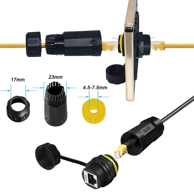 Connettore IP68 RJ45 CAT7 Spina di rete di aggancio M23 impermeabile Giunto dritto Connettori impermeabili RJ45 da pannello da 4,5-7,5 mm