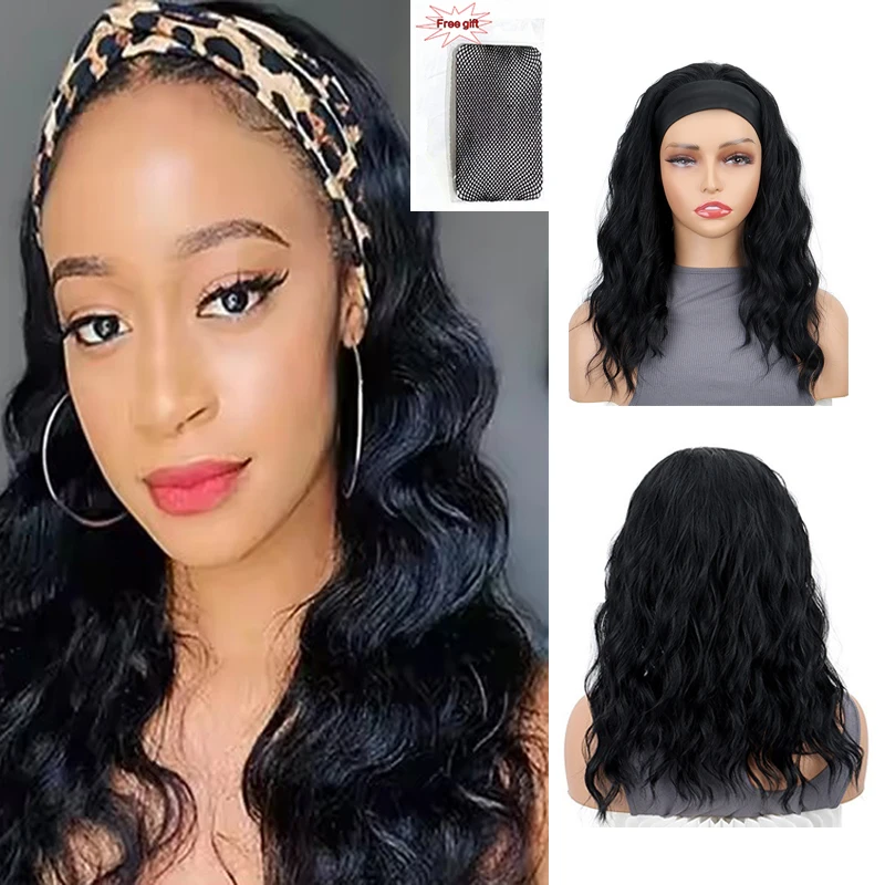 

16-дюймовый синтетический натуральный черный яки объемная волна парики с повязкой на голову для чернокожих женщин Go бесклеевой парик с объемной волной и повязкой на голову