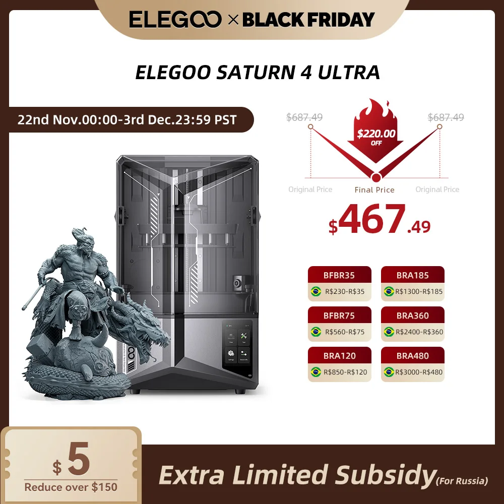 ELEGOO SATURN 4 ULTRA 12K Resin 3D Printer with Automatic Leveling, AI Print Monitoring, High Speed Printing Size 218x122x220mm