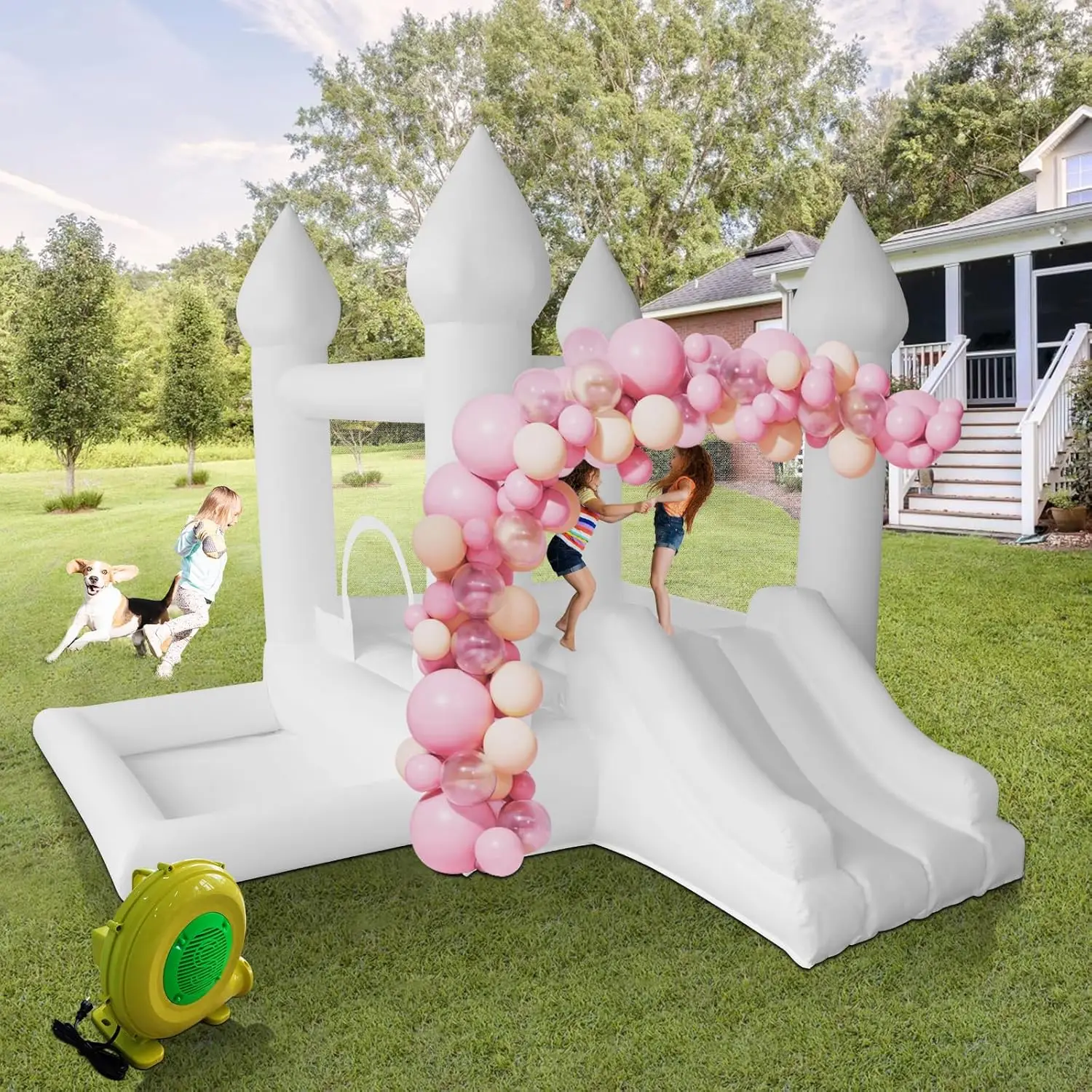 White Bounce House Castle Inflatable Jumping Castle with Slide & Air Blower for Kid, Wedding, Birthday Party Castle, 9 * 9 * 7FT