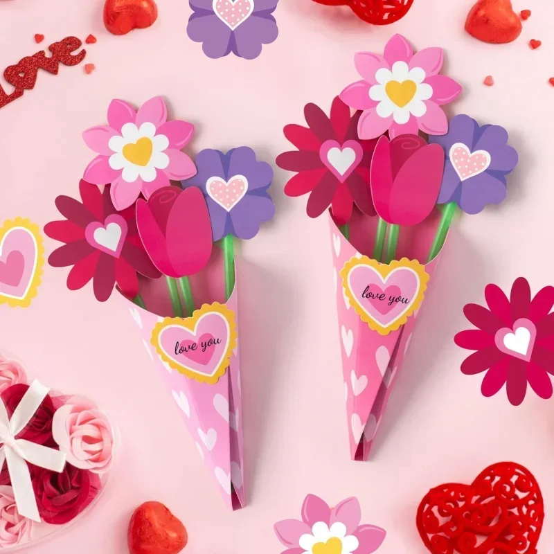 New Design Valentine's Day Pink Flower Bouquet DIY Handmade Kit, Heart-shaped Flower Craft Set for Kids, Homemade Romantic Gift