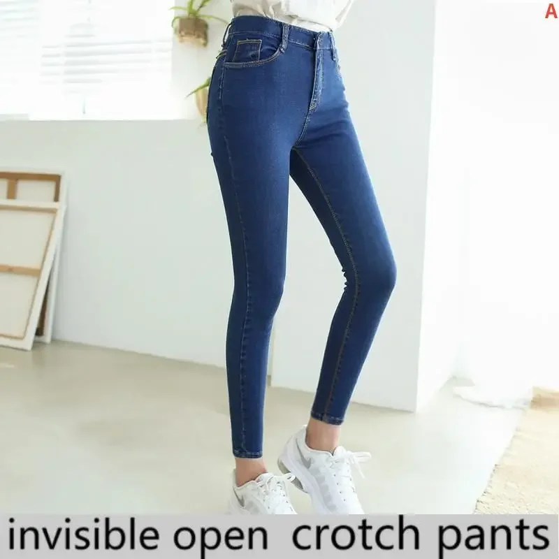 Open-Crotch Pants High Waist Jeans Women's Cropped Pants Lnvisible Open Pants Tight Feet  Couple Dating Fielh lnvisible Zipper