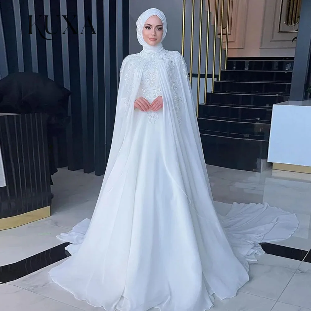 KUXA Maßgeschneiderte muslimische elegante Brautkleider, Cape, Stehkragen, lange Ärmel, Sweep-Zug, Pailletten, Perlen, Hijab-Brautkleider 2026