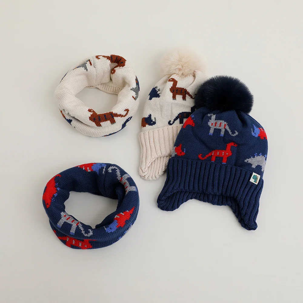 Doitbest Winter Boy Girl Warm Beanies Child Scarf Hat Set Fur Ball Little Dinosaur Baby Kids knit Acrylic Scarves Hats