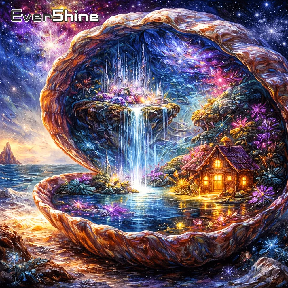 EverShine Diamond Mosaic Shell Landscape Cross Stitch Painting Pattern For Adults Beginners Embroidery Waterfall Handmade Gift