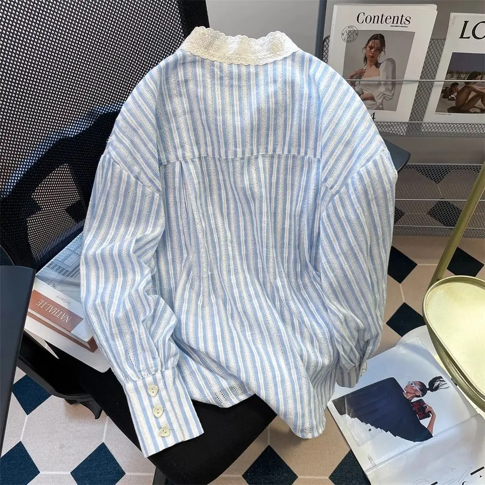 Women Korean Lacing Lace Bow Striped Blouse Spring Summer Temperament Long Sleeve Top Tee Prairie Chic Patchwork Loose Shirts