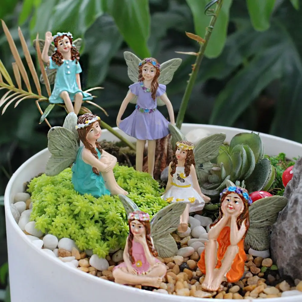 6PCS Multicolor Miniature Fairy Figurine Beautiful Wings Glow in The Dark Garden Micro Landscape Resin Micro Landscape