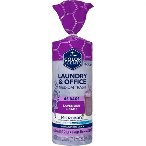 Bolsas de basura perfumadas con salvia de lavanda púrpura de 8 galones, 45 unidades con corbata torcida y protección de microban