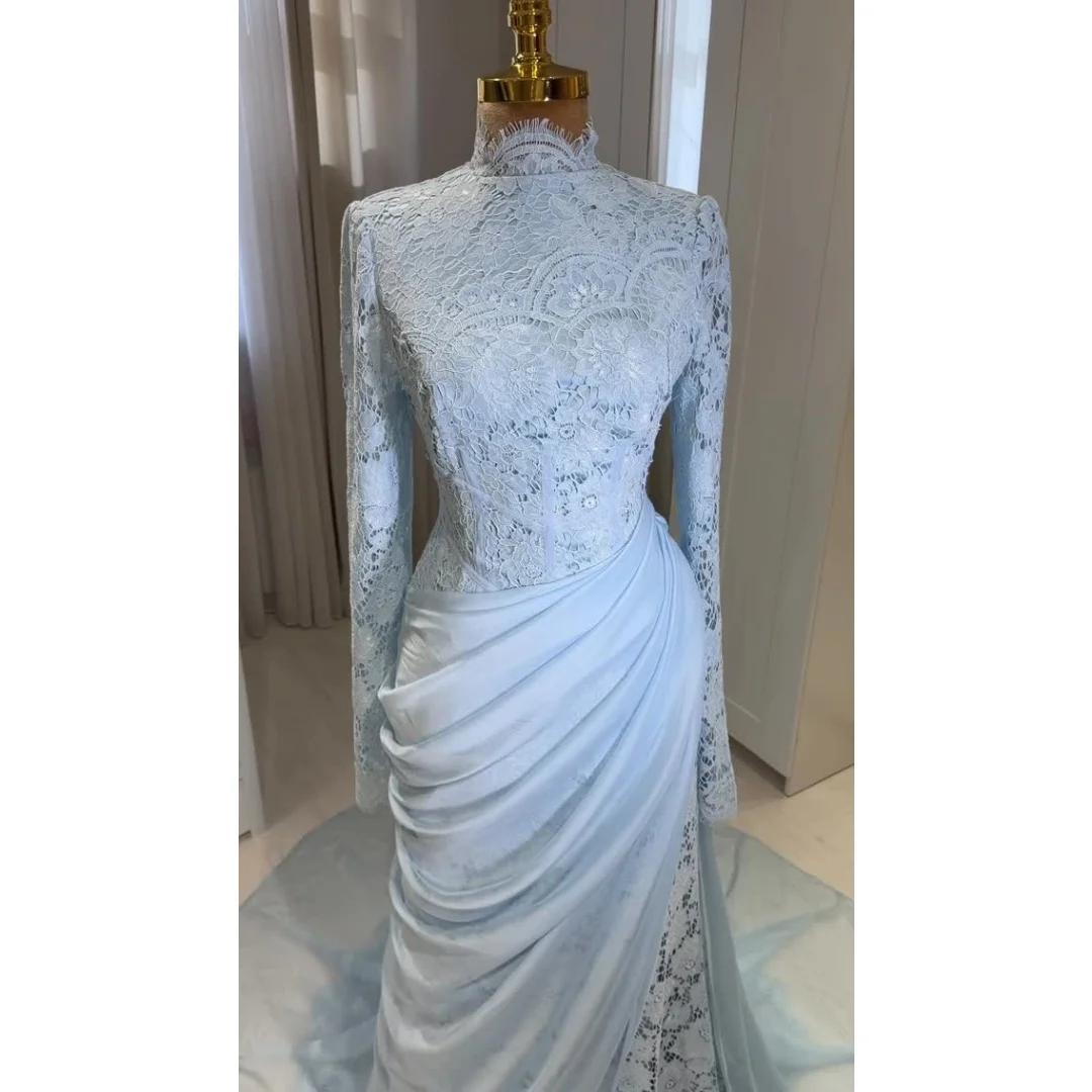 Cathy Customized Sky Blue High Neck Lace Embroidery Prom Dress Mermaid Long Sleeve vestidos de noche Sweep Train Evening Dresses