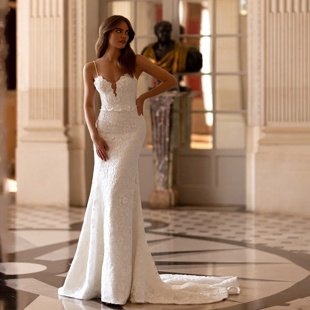 

Sexy See Through Back Long SleeveFull Lace Applique Mermaid Wedding Dresses Sweep Train Custom Made Vestido De Novial