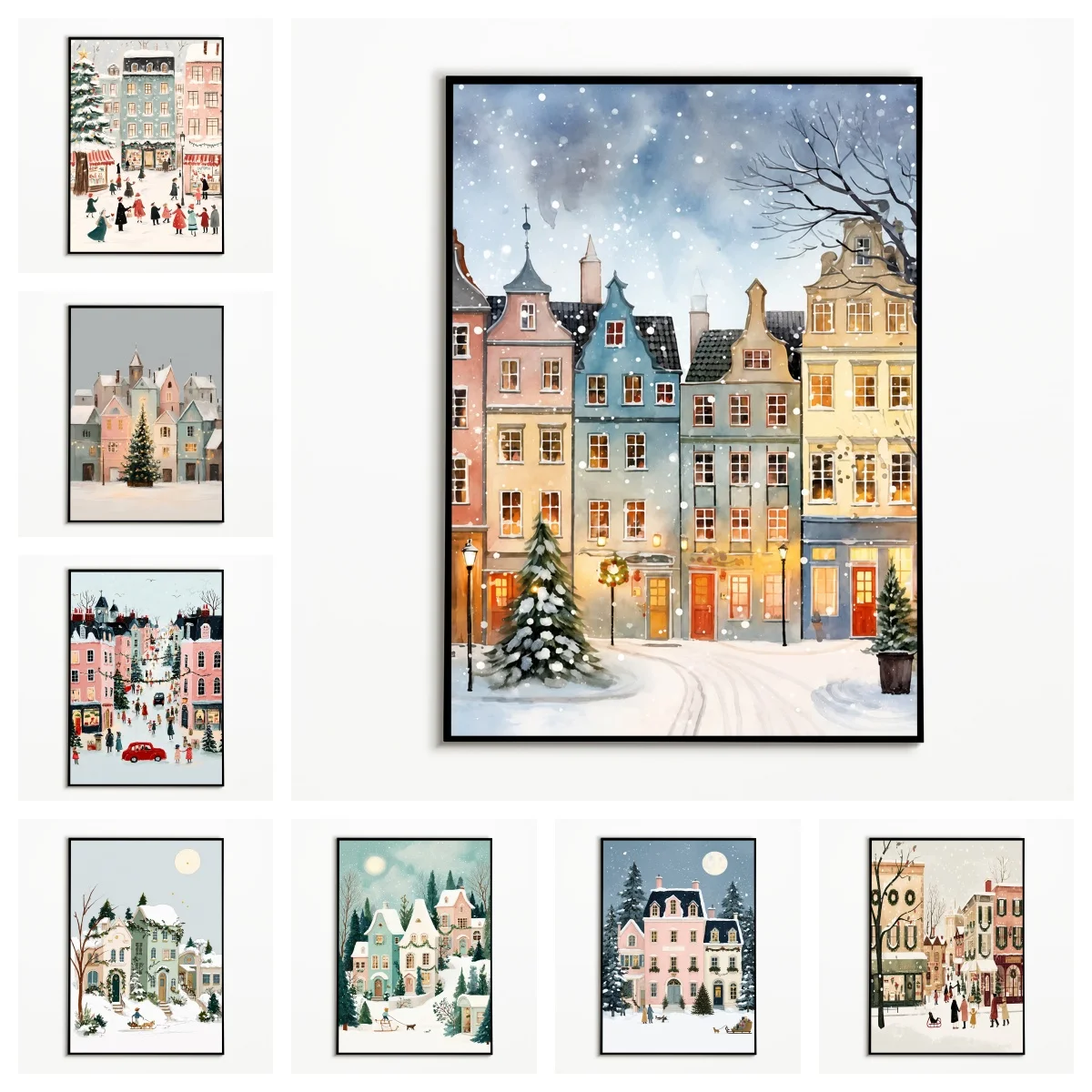 1 Stück Winterliche Bunte Häuser Poster Weihnachtsbaum Straßenszene Wandkunst Nordische Stadt Leinwanddruck Weihnachtsgeschenk Raumdekoration