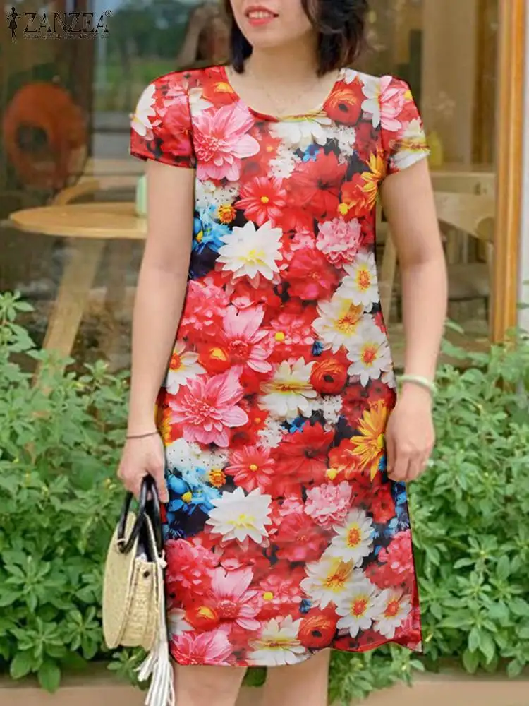 Zanzea Sommer Frauen knielange Kleider 2024 Bohemian Blumen druck Kurzarm o Hals kurze Vestidos lässig alltäglichen Sommerkleid